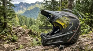Illustration showing the internal MIPS rotational impact protection layer inside the "ENDURO ELITE" racing helmet, revealing the shell layers and the yellow low-friction liner with directional force arrows.