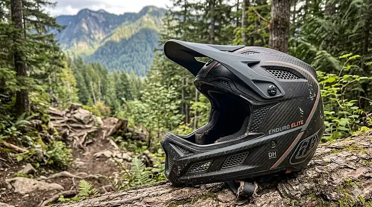 A photorealistic close-up of a full-face enduro racing helmet resting on a mossy log on a forest mountain trail, featuring carbon fiber texture, a large visor, and high-airflow ventilation.
