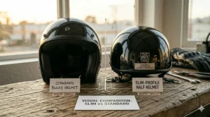 A gloss black version of the slim profile half helmet suitable for cruiser and chopper riders.