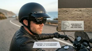 A slim profile half helmet with a detachable sun visor for customizable riding styles.