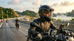 Internal view of emergency SOS and crash detection sensors in a modern connected motorcycle helmet.