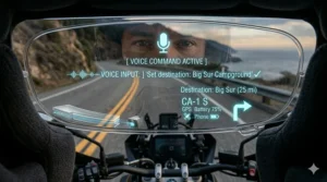 Conceptual graphic of a rider using voice commands to control the connected motorcycle heads-up display.