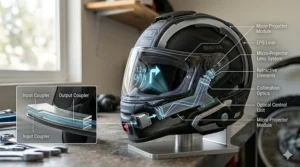 Close-up diagram of the compact waveguide optical projector mounted inside a connected motorcycle helmet.