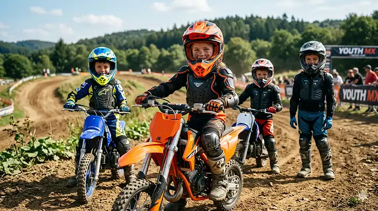 Two young boys wearing full kids motorcycle protection gear and full-face helmets sitting on dirt bikes outdoors.
