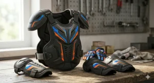 Adjustable impact-resistant knee pads and elbow guards providing essential kids motorcycle protection against falls.
