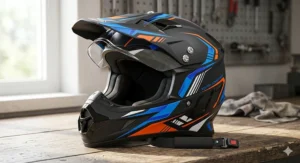 A white youth motocross helmet with goggles next to heavy-duty dirt bike boots for complete kids motorcycle protection.