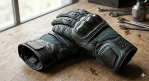 A high-resolution, photorealistic close-up of ladies motorcycle protection gloves featuring integrated carbon fiber knuckle guards and a hard palm slider.