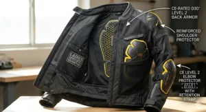 A photorealistic 4K studio image showing the interior of an open ladies motorcycle jacket with labels pointing to CE-Rated D3O Level 2 Back Armor and Integrated Shoulder & Elbow Armor.