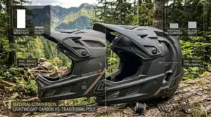 A 4K photorealistic product infographic comparing the specific TLD Enduro Elite carbon fiber helmet with a polycarbonate model, featuring detailed material cutaways and technical data overlays that highlight the weight savings.