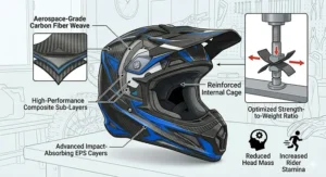 A lightweight composite shell MX racing helmet displayed on a scale to highlight racing performance.