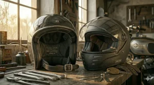 Comparison of a standard half helmet versus an ultra-low-profile cap-style motorcycle helmet to show the "mushroom-free" fit.