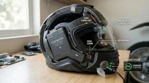 Illustration of the integrated lithium-ion battery system and USB-C charging port on a smart HUD helmet.