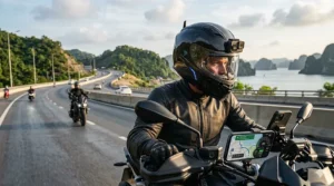 Digital navigation and speed data projected inside a connected motorcycle helmet visor.
