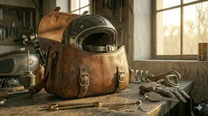 A compact cap-style motorcycle helmet being placed into a leather motorcycle saddlebag.