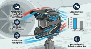 Side view illustration of an MX racing helmet highlighting the aerodynamic peak designed to reduce neck fatigue.