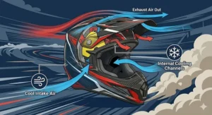 Illustration of the high-flow ventilation system and intake ports on a professional motocross helmet.
