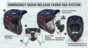 Illustration of the emergency quick-release cheek pad system on a modern MX racing helmet.