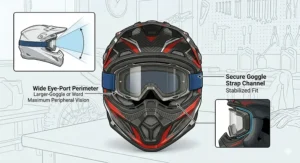 Close-up of a premium MX racing helmet showing the secure fit and strap positioning for racing goggles.