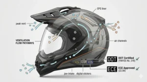 A schematic illustration showing how cool air flows through the multi-port vents of a street-legal off-road helmet for cooling.