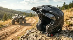 Classic open-face quad riding helmet with a detachable peak for recreational trail riding.