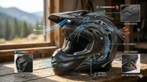 Diagram showing the multi-port airflow and ventilation system of a high-performance quad riding helmet.