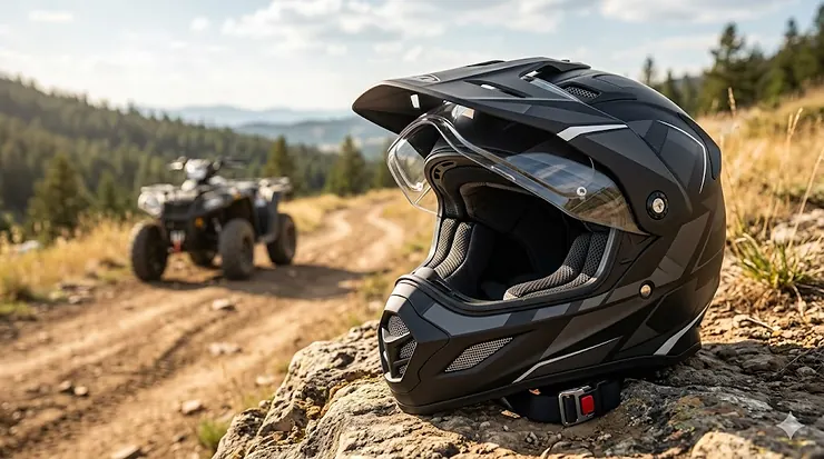 Professional full-face quad riding helmet with sun visor and aerodynamic ventilation system.
