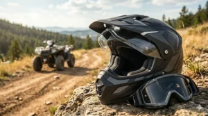 Off-road quad riding helmet paired with polarized anti-fog goggles for dust protection.