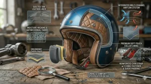 Internal view of moisture-wicking quilted fabric used in retro open-face protection.