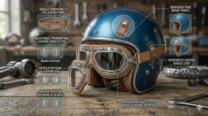 Close-up illustration of leather-trimmed goggles paired with retro open-face protection.