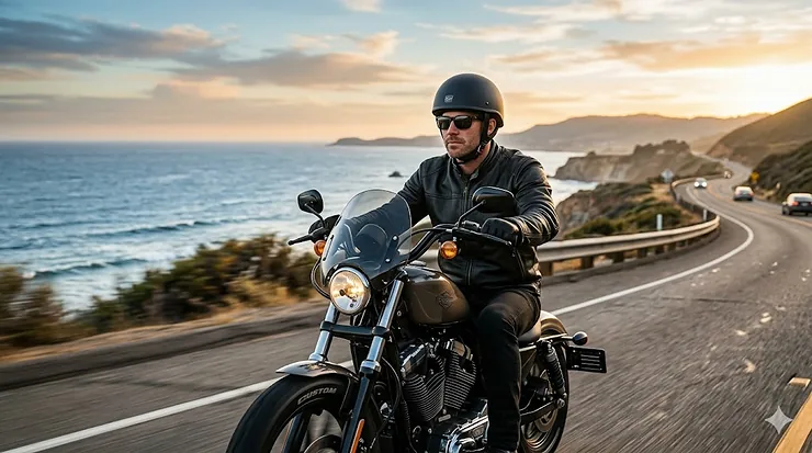 A rider wearing a matte black slim profile half helmet designed for a low-profile fit without the mushroom look.
