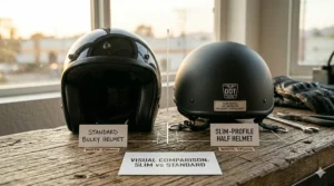Comparison between a standard bulky helmet and a slim profile half helmet to show the reduced width.