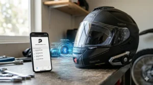 3D illustration showing a smartphone wirelessly syncing via Bluetooth to a connected motorcycle helmet.