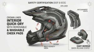 An exploded-view illustration breaking down the multi-density EPS liner layers and chin filter of a street-legal off-road helmet.