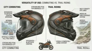 A final summary illustration comparing the configuration of a street-legal off-road helmet for street touring versus dirt trail adventure.