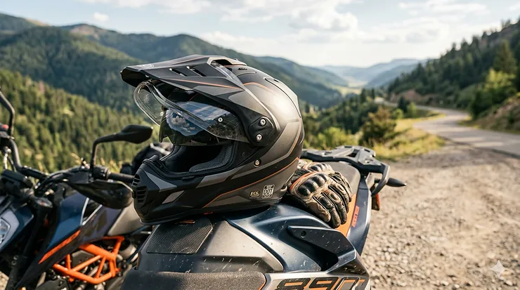 A matte black street-legal off-road helmet rests on a dual-sport motorcycle, showing the sun peak and clear shield against a mountain background.