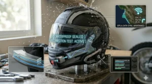 Illustration demonstrating the IP67 waterproof rating and weather-sealed electronics of a smart motorcycle helmet.