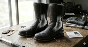 A photorealistic 4K studio photograph of women's motorcycle boots with a digital anatomical overlay highlighting integrated D3O ankle protection and reinforced toe boxes.