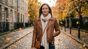 Tan brown ladies leather biker jacket styled with a fall knit scarf