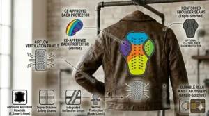 Sleek cafe racer style motorcycle leather jacket with racing stripes on the sleeves.