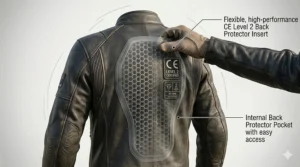 A close-up illustration of a flexible, shock-absorbing CE level 2 back protector insert being slid into a leather motorcycle jacket.