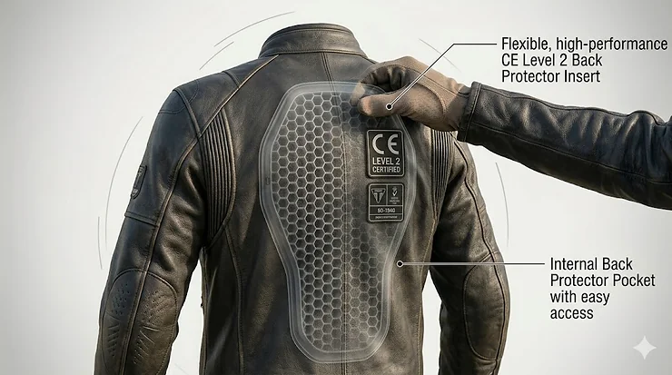 A close-up illustration of a flexible, shock-absorbing CE level 2 back protector insert being slid into a leather motorcycle jacket.