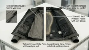 An illustration showing the interior features of a CE level 2 leather motorcycle jacket, including a removable thermal vest liner and waterproof cargo pockets.