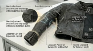 Illustration detailing the waist adjustment straps, zippered cuffs, and expansion gussets on a protective CE level 2 leather motorcycle jacket.