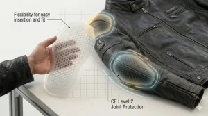 Detailed illustration showing the ergonomic shape of CE level 2 impact protectors designed for the shoulder and elbow armor pockets of a leather jacket.
