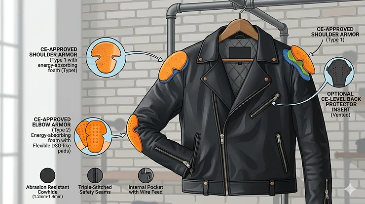 A premium classic black motorcycle leather jacket with asymmetrical zippers displayed against a neutral background.