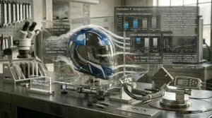 A wind tunnel simulation diagram illustrating the aerodynamic airflow and reduced drag of a multi-material composite motorcycle helmet at high speeds.