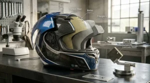 An exploded technical illustration showing the individual layers of a multi-material composite motorcycle helmet, including carbon fiber, fiberglass, and aramid.