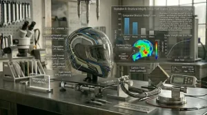 An infographic highlighting the safety standards met by a multi-material composite motorcycle helmet, featuring ECE 22.06 and DOT impact certification badges.