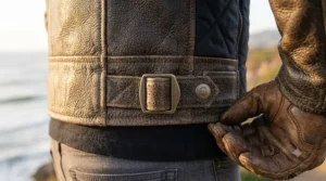 A rider wearing a cruiser motorcycle leather jacket casually off-the-bike with denim jeans for a timeless streetwear aesthetic.