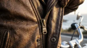 Close-up detail of the heavy-duty metal YKK zippers on a premium black cruiser motorcycle leather jacket.